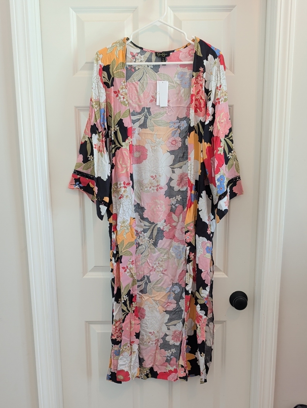 Jessica Simpson Floral Sheer Long Kimono Cover-Up in Pink, Black & Cream